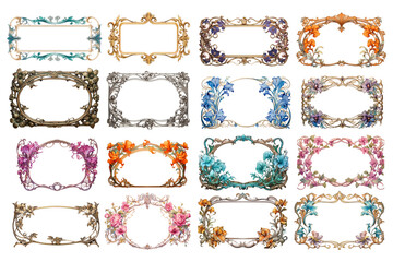 PNG art nouveau floral frame element set, transparent background