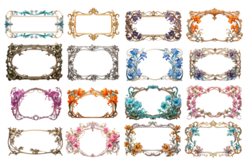 PNG art nouveau floral frame element set, transparent background