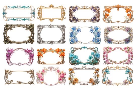 PNG art nouveau floral frame element set, transparent background