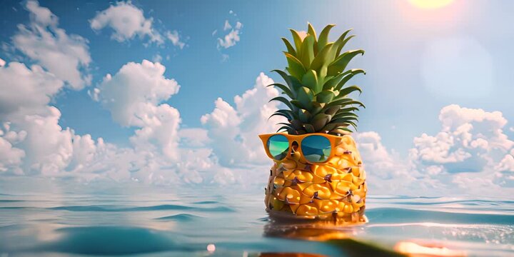 Cool pineapple with sunglasses relaxing in the ocean, capturing the essence of summer and vacation