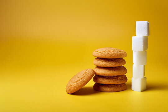 a tower of butter cookies and their equivalent in sugar cubes arranged on a solid colored background