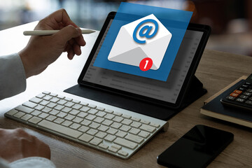 Businessman working Mail Communication Connection message to mailing spam e-mail, warning pop-up.