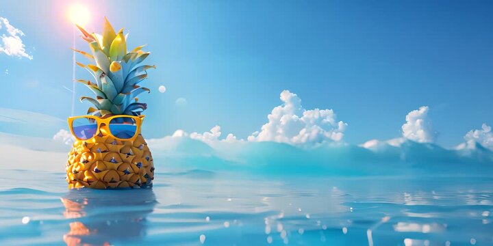 Cool pineapple with sunglasses relaxing in the ocean, capturing the essence of summer and vacation