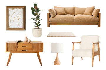 PNG minimal wooden furniture home decoration element set, transparent background