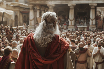 Naklejka premium A cinematic shot of an ancient man with white hair and a beard wearing a red tunic standing in the middle