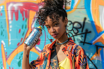 Young woman with curly hair and a nose ring holds a spray paint can in front of a graffiti wall.