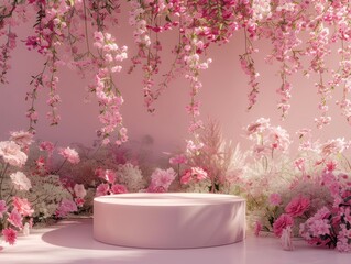 pink flowers with a podium 