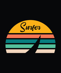 a black background with a yellow and orange retro circle with the word surfer on it