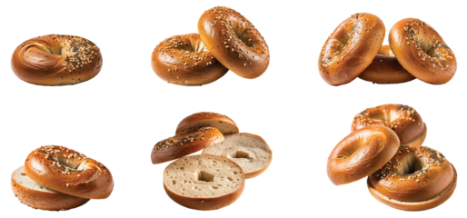 A collection of six bagels with various seeds on top, arranged in pairs. One pair is sliced open to reveal the inside, against a transparent background, PNG file, perfect for graphic design.