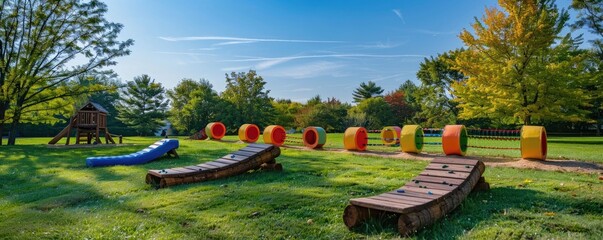 Autumn outdoor obstacle course setup with various fun challenges and activities for family and kids to play and explore in a vibrant colorful natural park setting