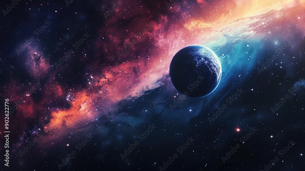 Wall mural a planet is floating in space with a colorful background. the planet is surrounded by a lot of stars