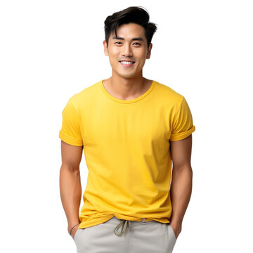Front view mid shot of a handsome Asian man dressed in a vibrant yellow T-shirt and khaki shorts, smiling on a white transparent background