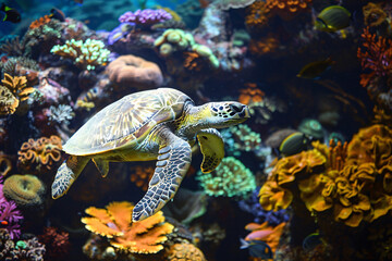 Fototapeta premium A sea turtle swims through a vibrant coral reef, its shell blending seamlessly with the colorful surroundings.