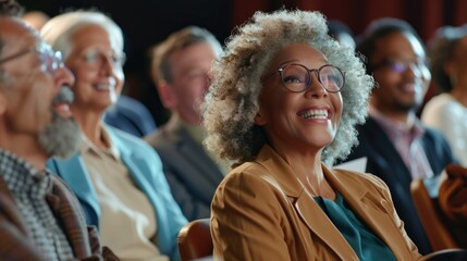 Fototapeta premium A woman with glasses is smiling at a group of people. The people are watching her. Scene is happy and friendly