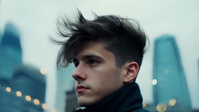A young mans profile is captured in a closeup portrait with the impressive tops of skyscrapers looming behind him. The citys chaotic energy seems to be reflected in his unruly hair
