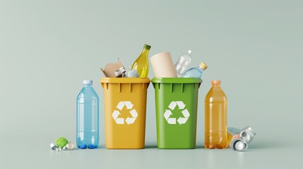 3D Recycling Bins with Sorted Waste: A realistic 3D rendering of recycling bins with clearly sorted waste items. The image highlights the importance of recycling and waste management.