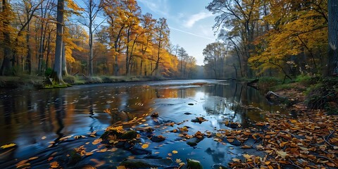 Autumn River with Falling Leaves - Photo