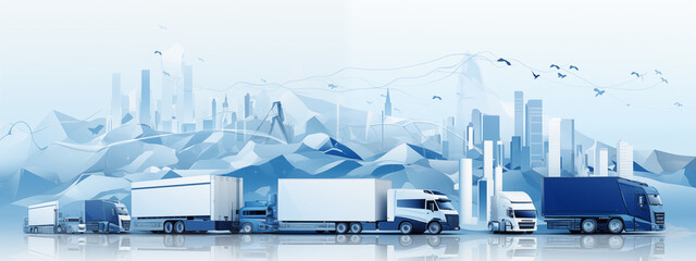 Modern Trucks Lined Up Against A Futuristic Mountainous Cityscape With Birds And Connectivity Lines