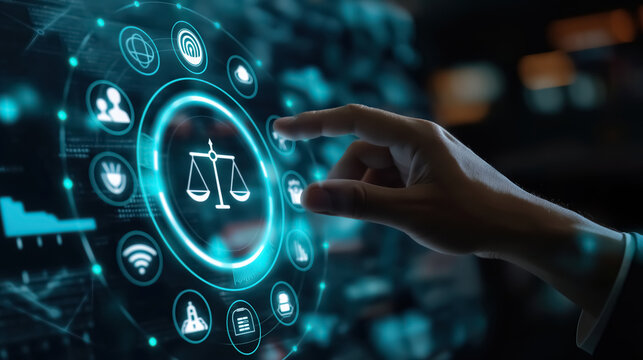 Businessman touching a virtual screen icon depicting justice, law and scales in the style of a court system concept for an online paralegal service or telelegal service