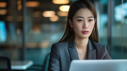 Fototapeta premium Asian business woman, dressed in a suit, working intently on a laptop