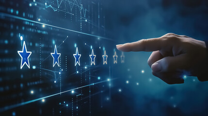 A virtual screen for a customer service review and performance review of efficient work or a business plan using online technology, against a dark blue background with copy space