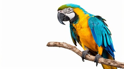 Fototapeta premium Brightly colored parrot perched on a branch, isolated background, spacious for copy text, dynamic colors, ideal for advertisements
