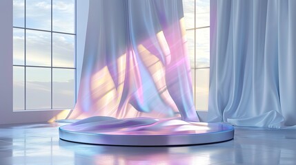 Sophisticated Podium in Iridescent Silver with Chromatic Aberration, Sleek and Futuristic