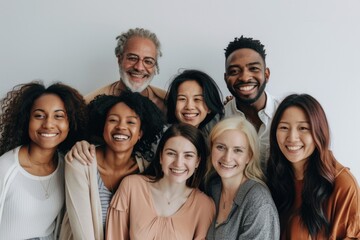 A group of people are smiling for the camera. The group is diverse, with people of different ages and races. Scene is happy and friendly, as everyone is posing together and enjoying the moment