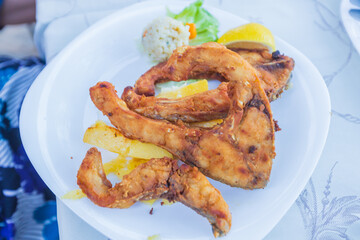 Grilled Fish with Lemon and Fries on a Plate