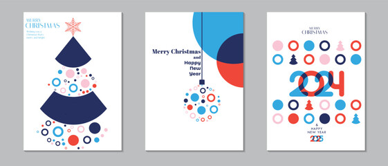 Merry Christmas and Happy New Year set. Vector illustration concepts for background, Christmas cards in modern minimalist geometric style. Colorful flat cartoon style. Patterns abstract elements