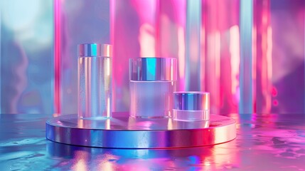 Sophisticated Podium in Iridescent Silver with Chromatic Aberration, Sleek and Futuristic