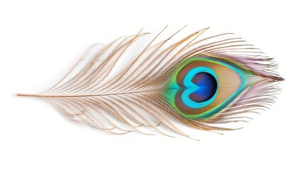 Obraz premium Close-up of a vibrant peacock feather with eye pattern, isolated on a white background, space for copy text