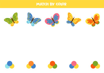 Match cartoon butterflies and palettes by colors. Logical color sorting game for kids.
