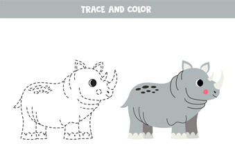 Trace and color cartoon gray rhinoceros. Printable worksheet for children.