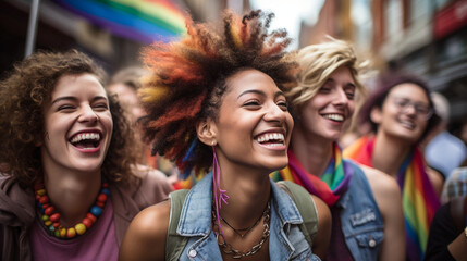 Naklejka premium Smiling queer people celebrating pride together, photography.