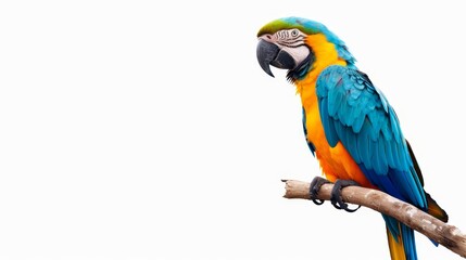 Fototapeta premium Colorful tropical parrot perched on a branch, isolated background, clear copy space, detailed and vivid, perfect for marketing materials