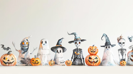 Aesthetic halloween watercolor mockup with pumpkins, ghosts, skeletons, pastel light colors and backdrop. Generative AI