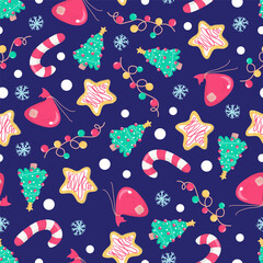 Seamless Christmas pattern with Christmas tree, garland, santa's bag, cookie, candy cane and snowflakes.