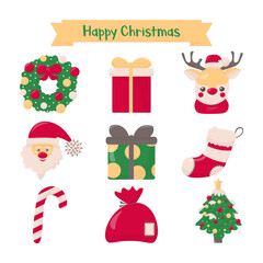 Set of Christmas clipart elements. Vector illustration in hand drawn style. Isolated images on a dark green background.