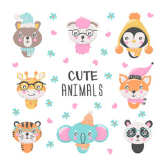 Collection of cute funny animals faces or heads wearing glasses and hats. Stock vector illustration. Isolated image on a white background. Illustration for children