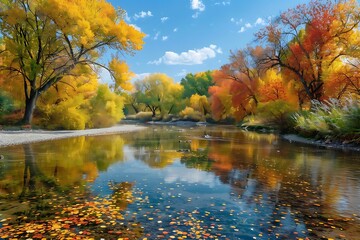 Autumn River Landscape Illustration with Vibrant Colors and Reflections