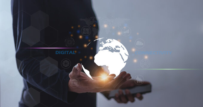 Young, Man holding glob with technology icon, World of communication via modern networks and online systems via the Internet