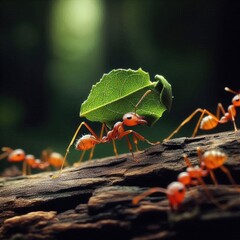 In the commotion of the forest, a leaf-cutter ant, a small giant of industry, drags a chunk of leaf across a tree log.