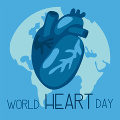 Vector illustration on the theme of World Heart Day, which is celebrated every year on September 29 all over the world. A flat illustration like a banner with text. Square. Blue and shades