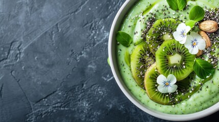 Obraz premium A nutritious green smoothie bowl topped with kiwi slices, chia seeds, and green leaves, creating a fresh and appealing breakfast or snack option.