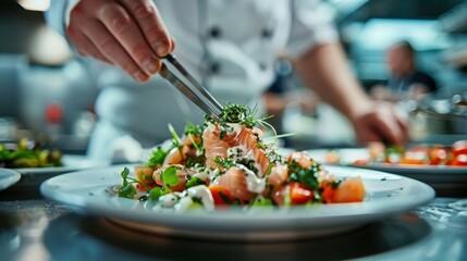 A skilled chef in a modern kitchen meticulously garnishes a beautifully plated gourmet dish, showcasing a high level of culinary artistry and attention to detail.
