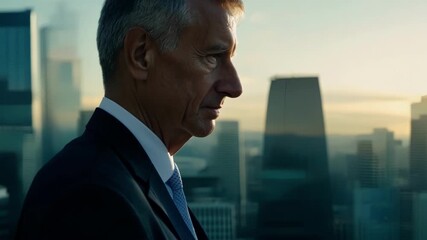 A closeup of a middleaged businessman his suit and tie neatly pressed against the backdrop of a bustling cityscape filled with tall skyscrapers. The lines on his face hint at the