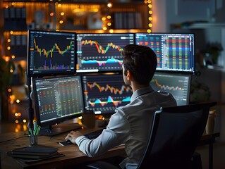 Financial Analyst Examining Market Data on Multiple Monitors in Home Office Setup