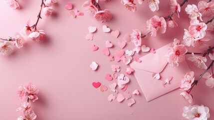 A pink background with pink flowers and hearts