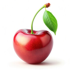 The vibrant red cherry is a delicious delight on a clean white backdrop, showcasing its freshness, stem, and small green leaf for organic food and fruit concepts.